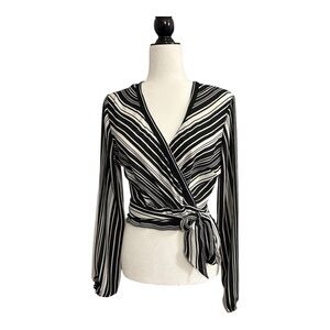Guess Semi Sheer Black and White Long Sleeve‎ Striped Wrap Top Women’s Sz Medium